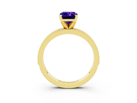 Yellow gold Emerald Cut Tanzanite Milgrain Pavé Engagement Ring with Four-Prong Setting_15