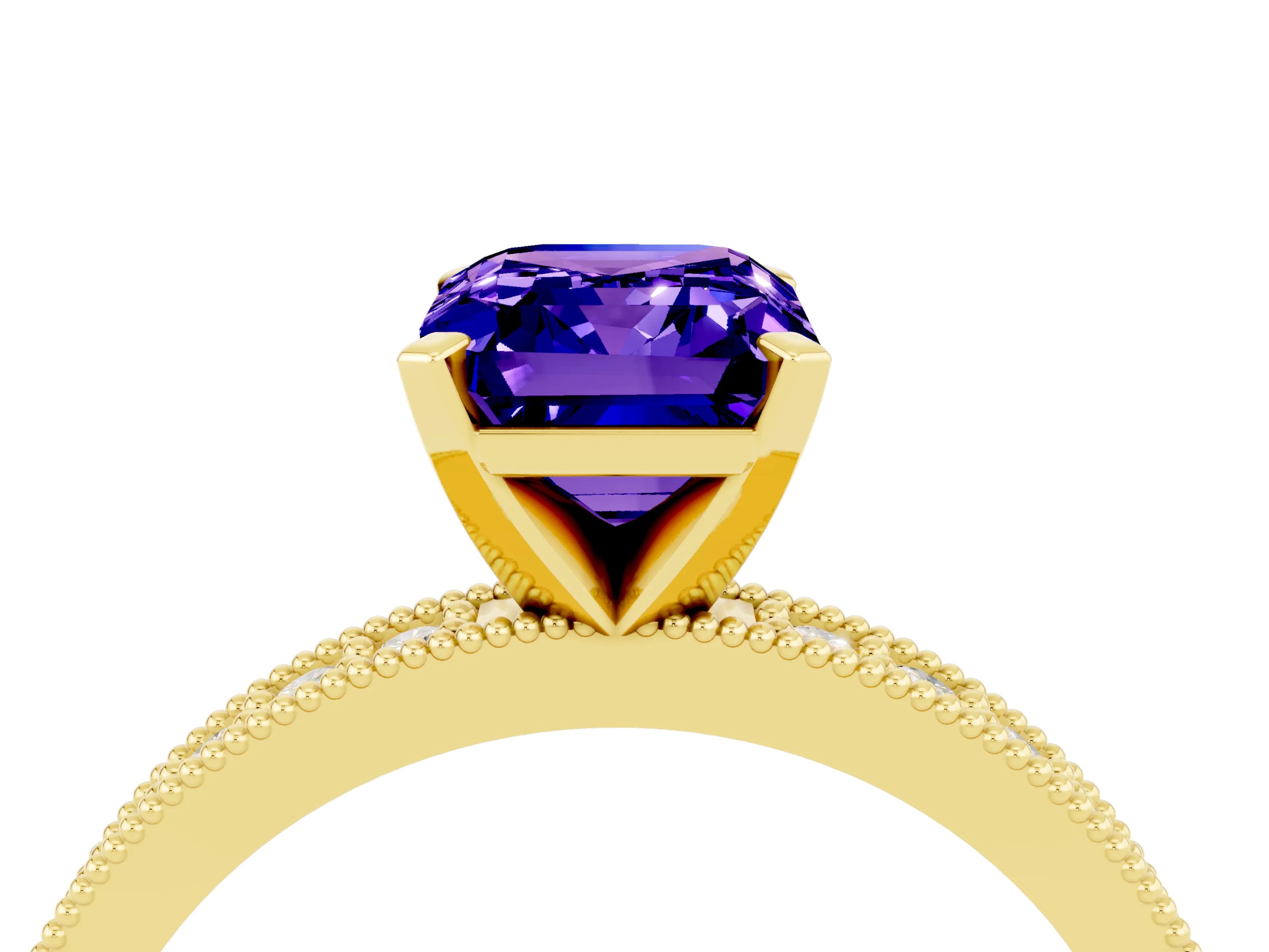 Yellow gold Emerald Cut Tanzanite Milgrain Pavé Engagement Ring with Four-Prong Setting_16