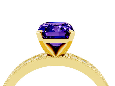 Yellow gold Emerald Cut Tanzanite Milgrain Pavé Engagement Ring with Four-Prong Setting_16