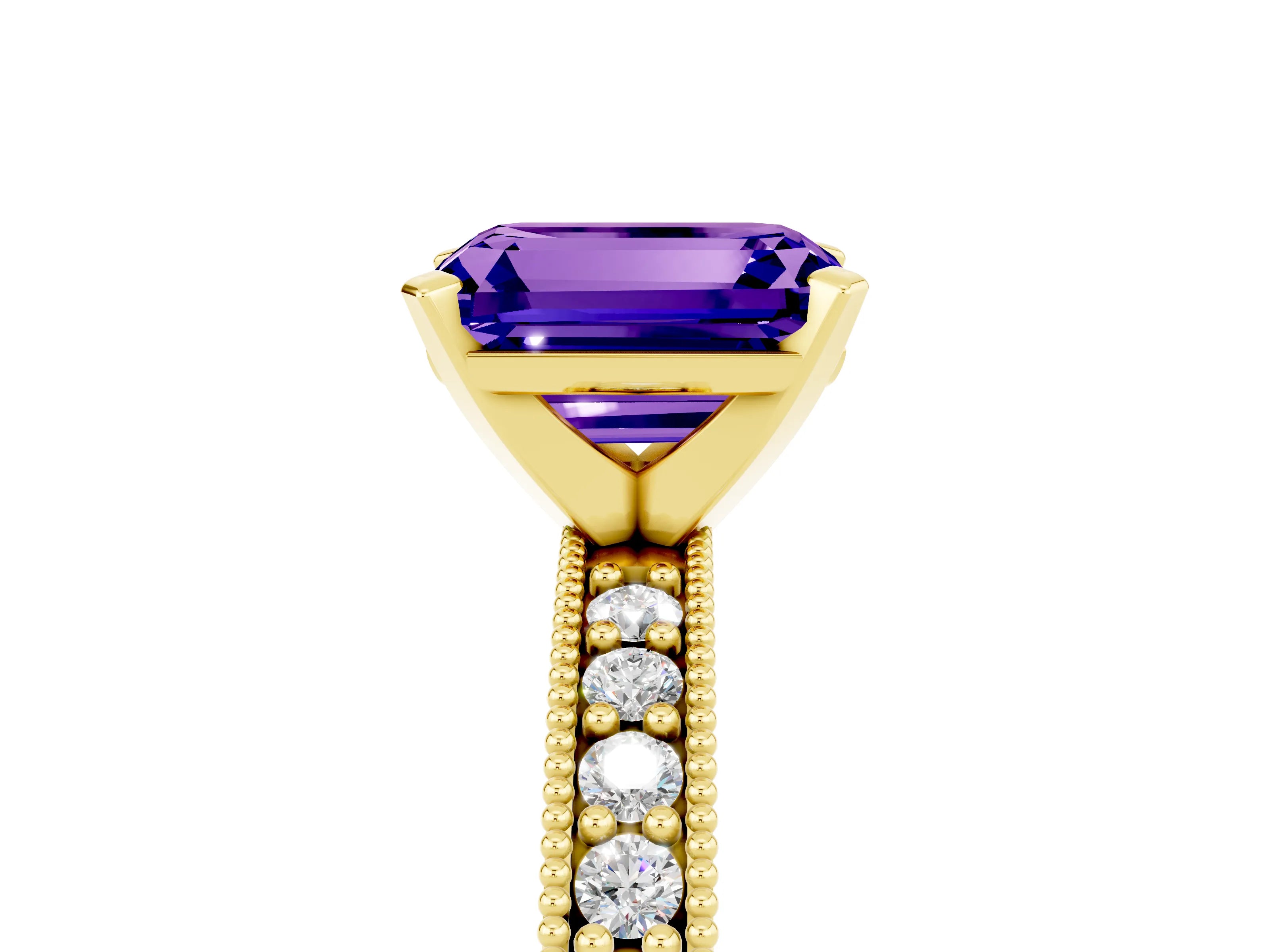Yellow gold Emerald Cut Tanzanite Milgrain Pavé Engagement Ring with Four-Prong Setting_17