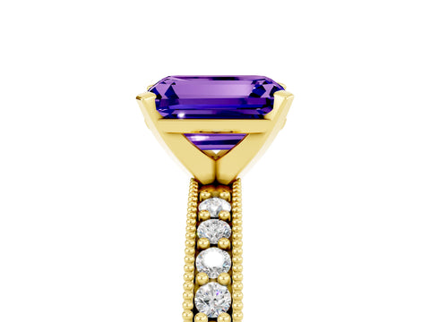 Yellow gold Emerald Cut Tanzanite Milgrain Pavé Engagement Ring with Four-Prong Setting_17