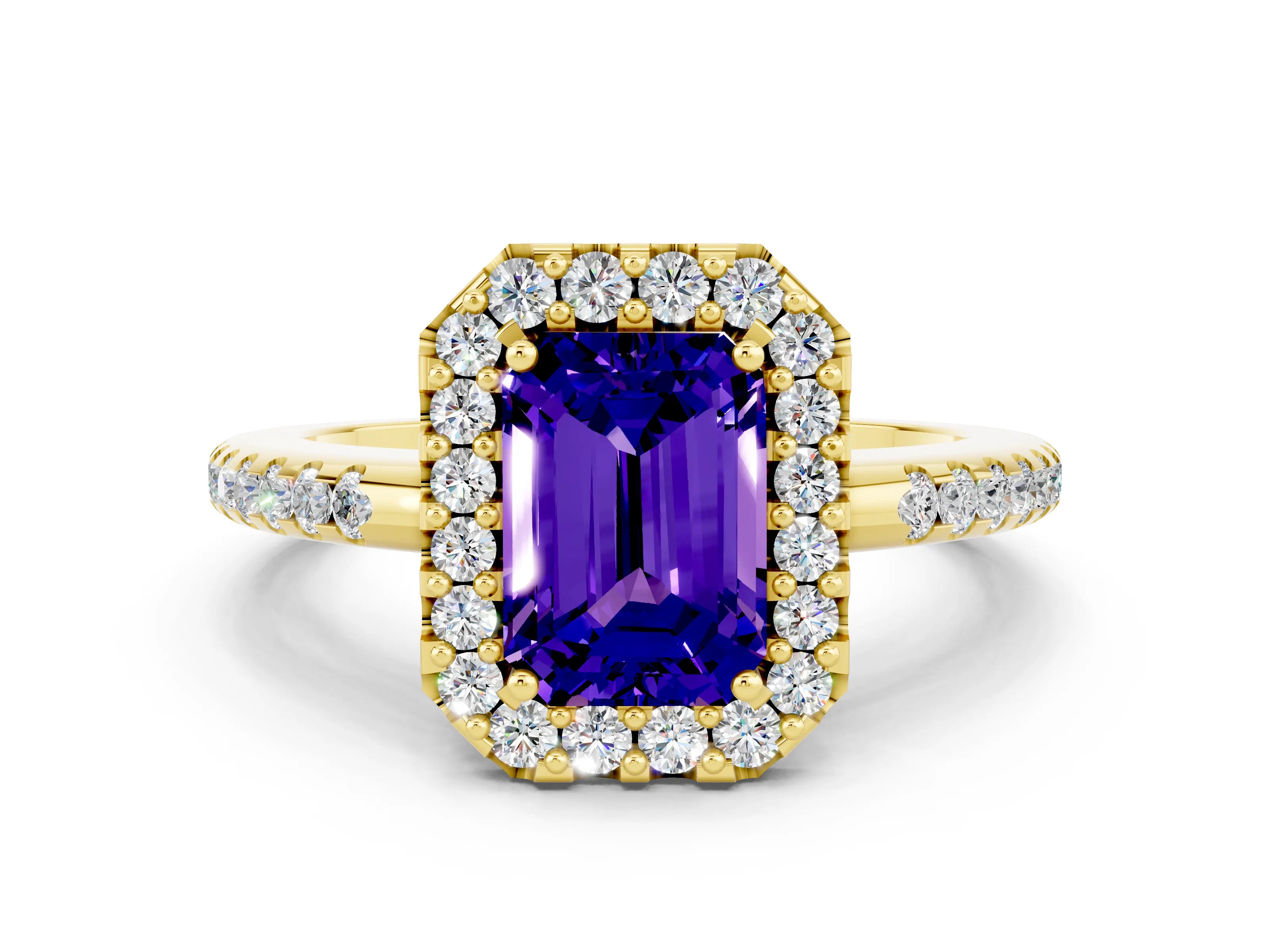 Yellow gold Emerald Cut Tanzanite Pavé Halo Ring with Four-Prong Setting_12