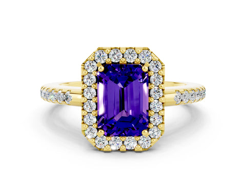 Yellow gold Emerald Cut Tanzanite Pavé Halo Ring with Four-Prong Setting_12