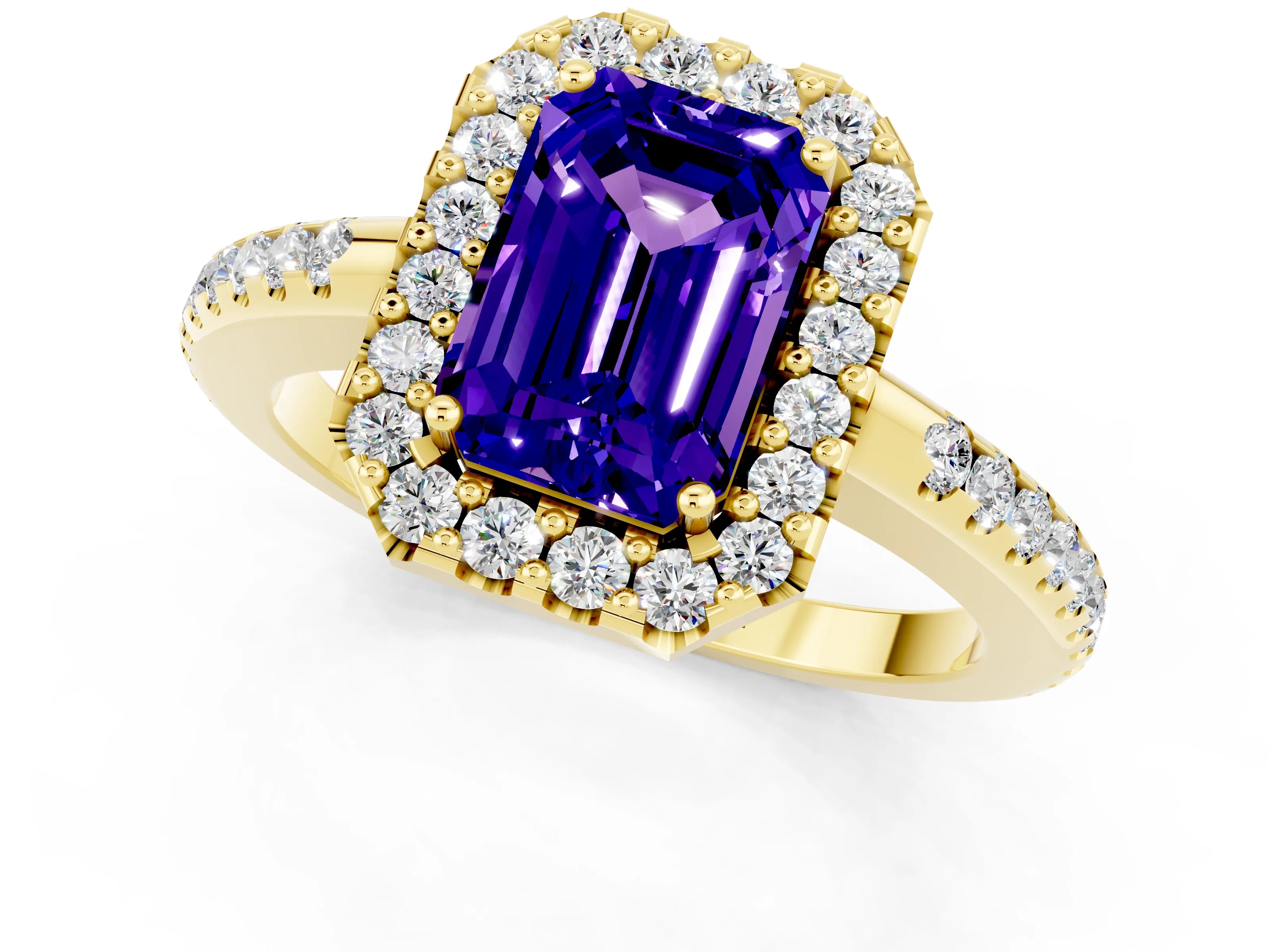Yellow gold Emerald Cut Tanzanite Pavé Halo Ring with Four-Prong Setting_13