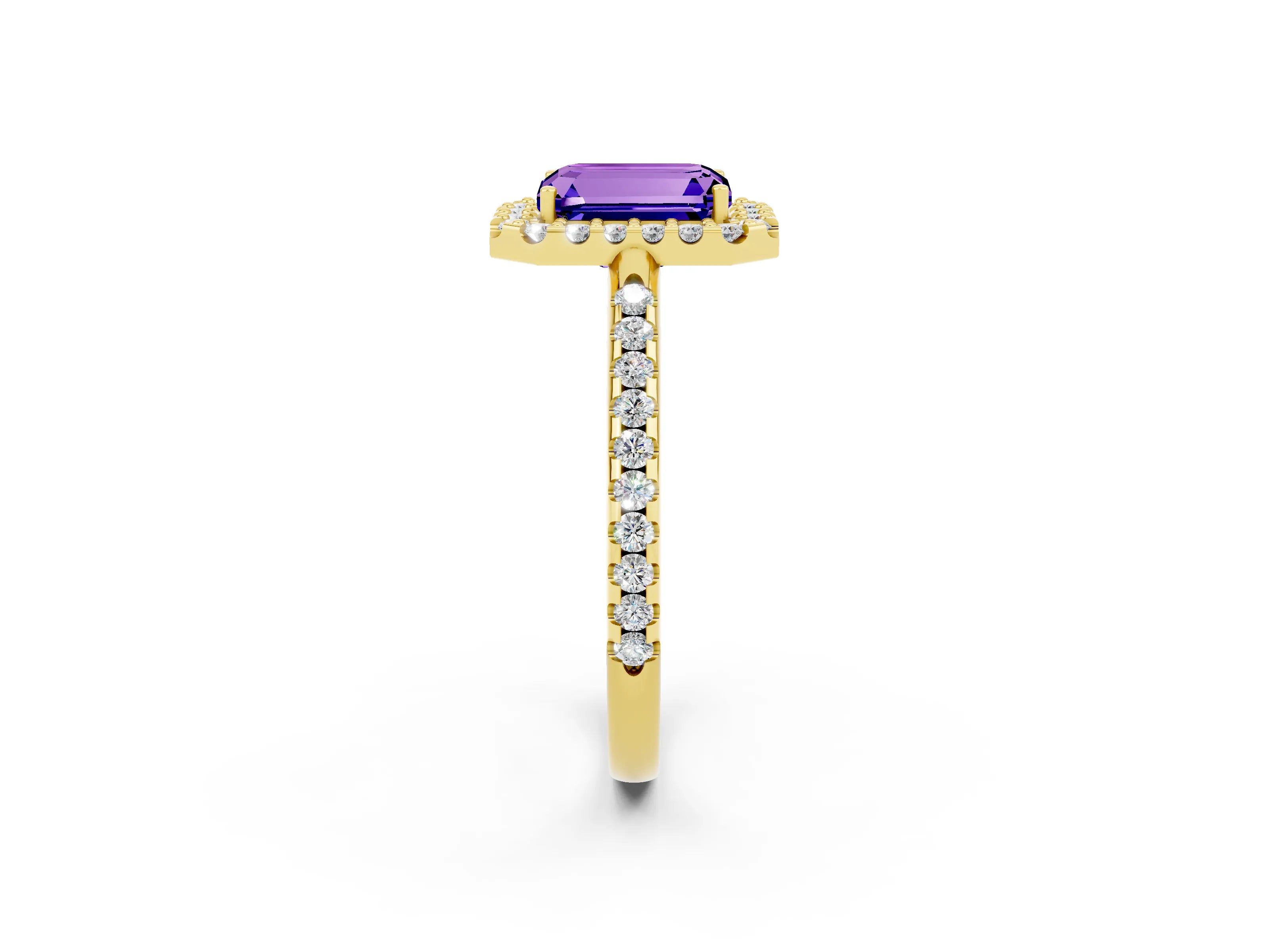 Yellow gold Emerald Cut Tanzanite Pavé Halo Ring with Four-Prong Setting_14