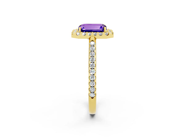 Yellow gold Emerald Cut Tanzanite Pavé Halo Ring with Four-Prong Setting