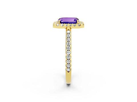 Yellow gold Emerald Cut Tanzanite Pavé Halo Ring with Four-Prong Setting_14