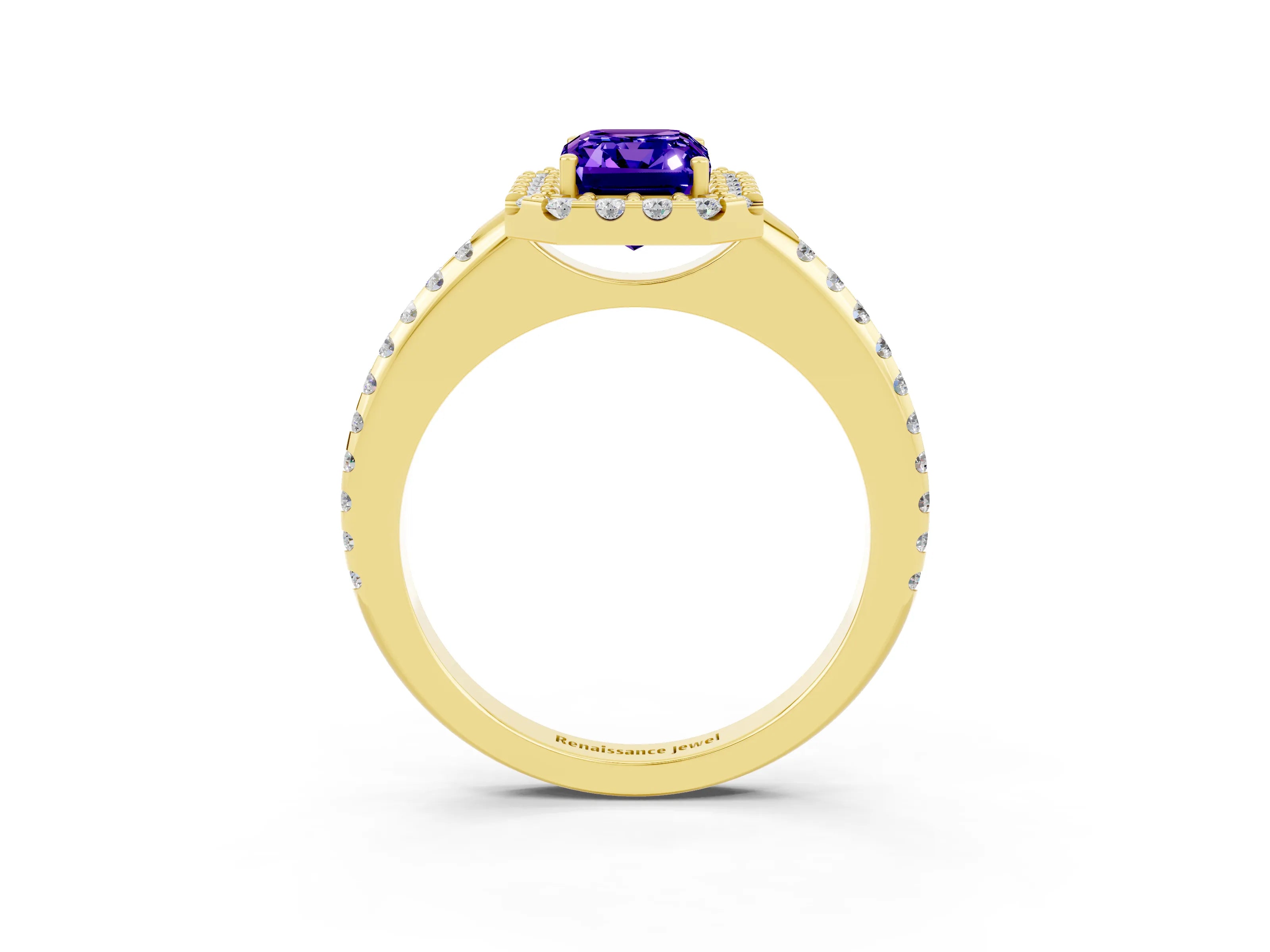 Yellow gold Emerald Cut Tanzanite Pavé Halo Ring with Four-Prong Setting_15