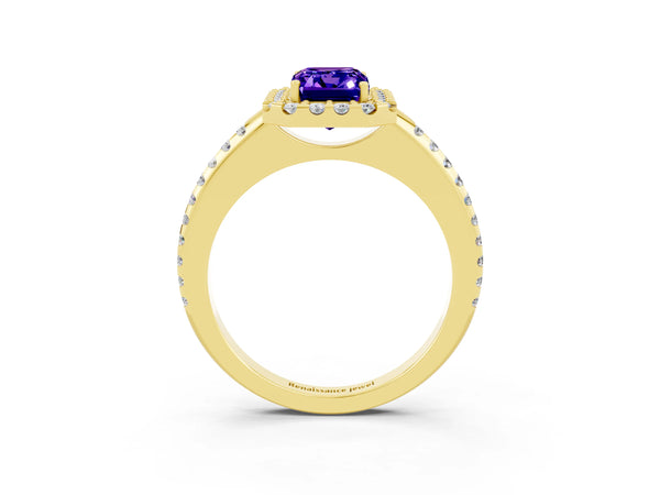 Yellow gold Emerald Cut Tanzanite Pavé Halo Ring with Four-Prong Setting
