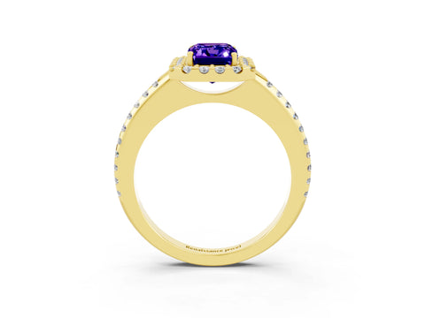 Yellow gold Emerald Cut Tanzanite Pavé Halo Ring with Four-Prong Setting_15