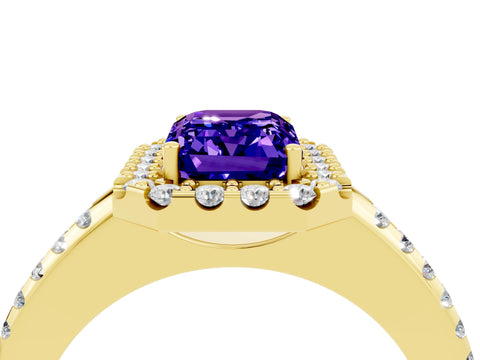 Yellow gold Emerald Cut Tanzanite Pavé Halo Ring with Four-Prong Setting_16