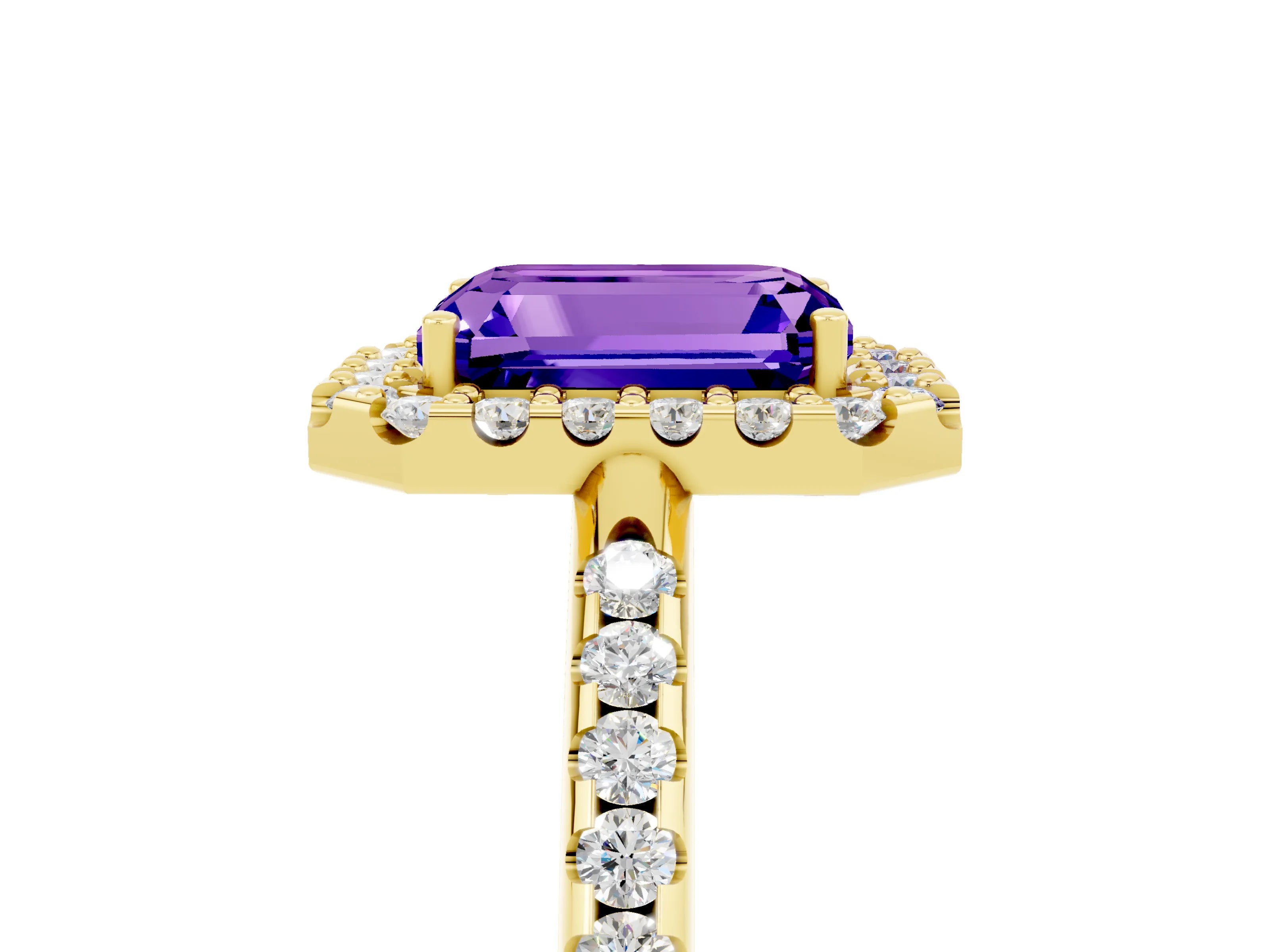Yellow gold Emerald Cut Tanzanite Pavé Halo Ring with Four-Prong Setting_17