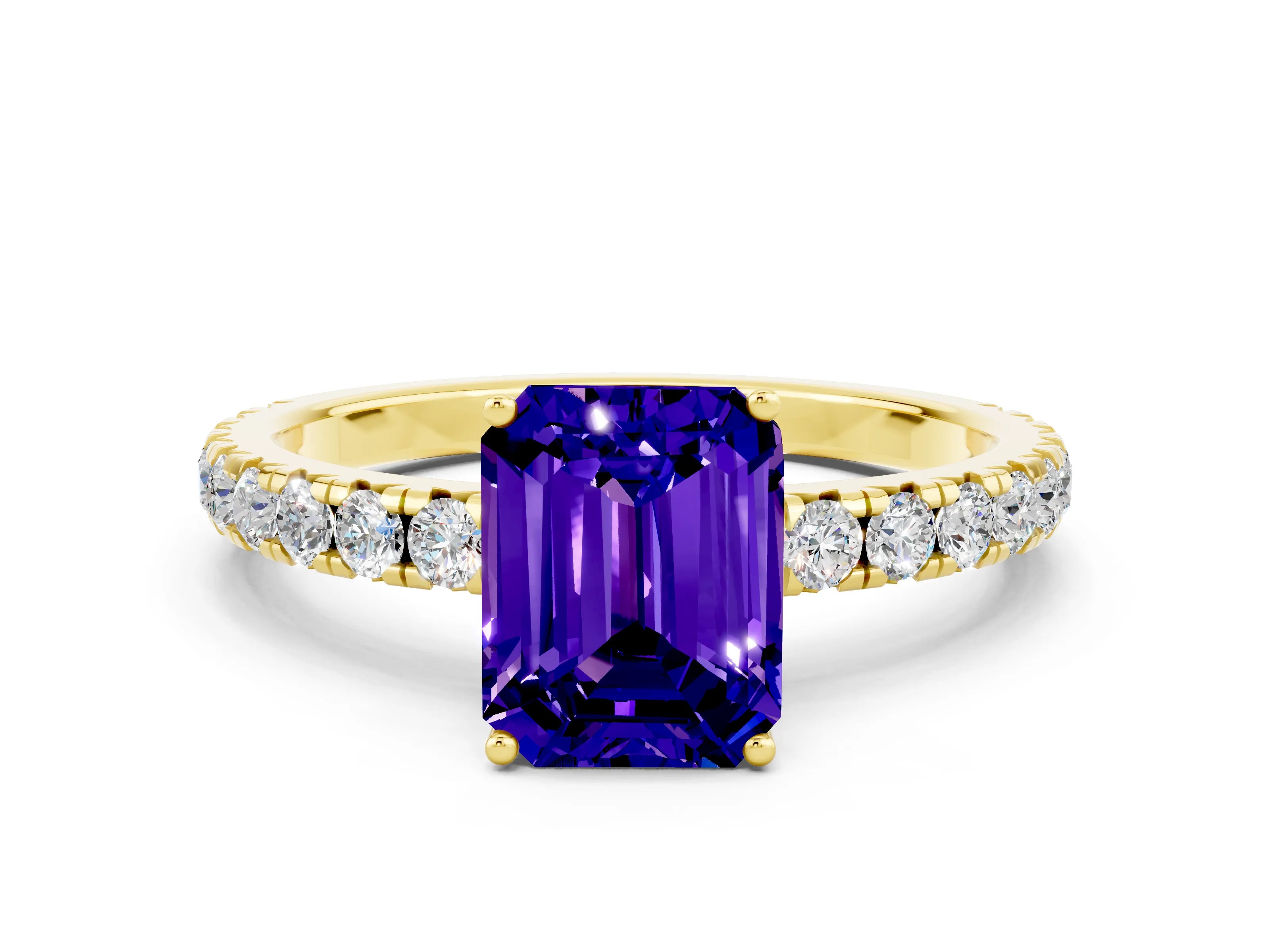 Yellow gold Emerald Cut Tanzanite Pavé Solitaire Engagement Ring with Four-Prong Setting_12