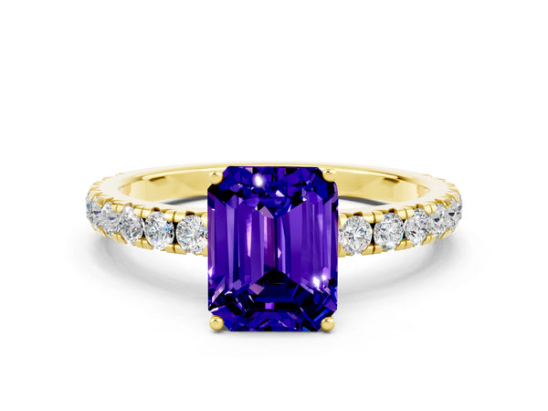 Yellow gold Emerald Cut Tanzanite Pavé Solitaire Engagement Ring with Four-Prong Setting