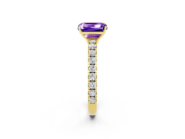 Yellow gold Emerald Cut Tanzanite Pavé Solitaire Engagement Ring with Four-Prong Setting