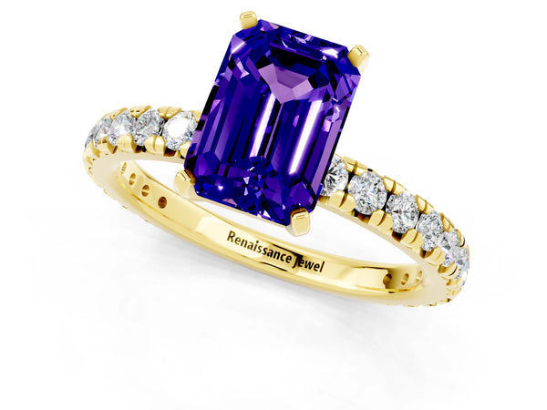 Yellow gold Emerald Cut Tanzanite Pavé Solitaire Ring with Round Band and Prong Setting