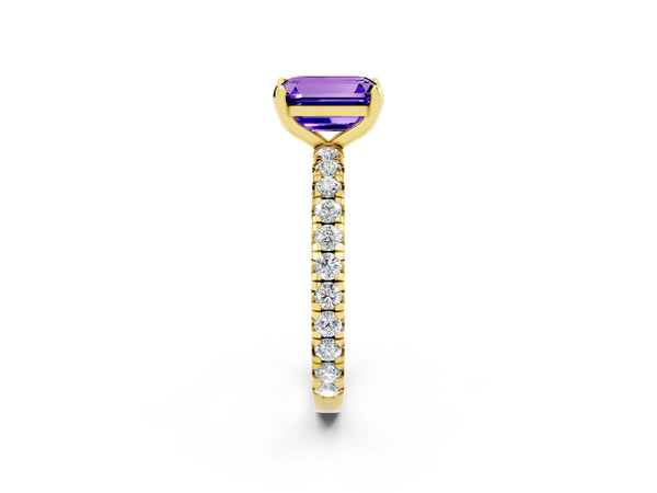 Yellow gold Emerald Cut Tanzanite Pavé Solitaire Ring with Round Band and Prong Setting