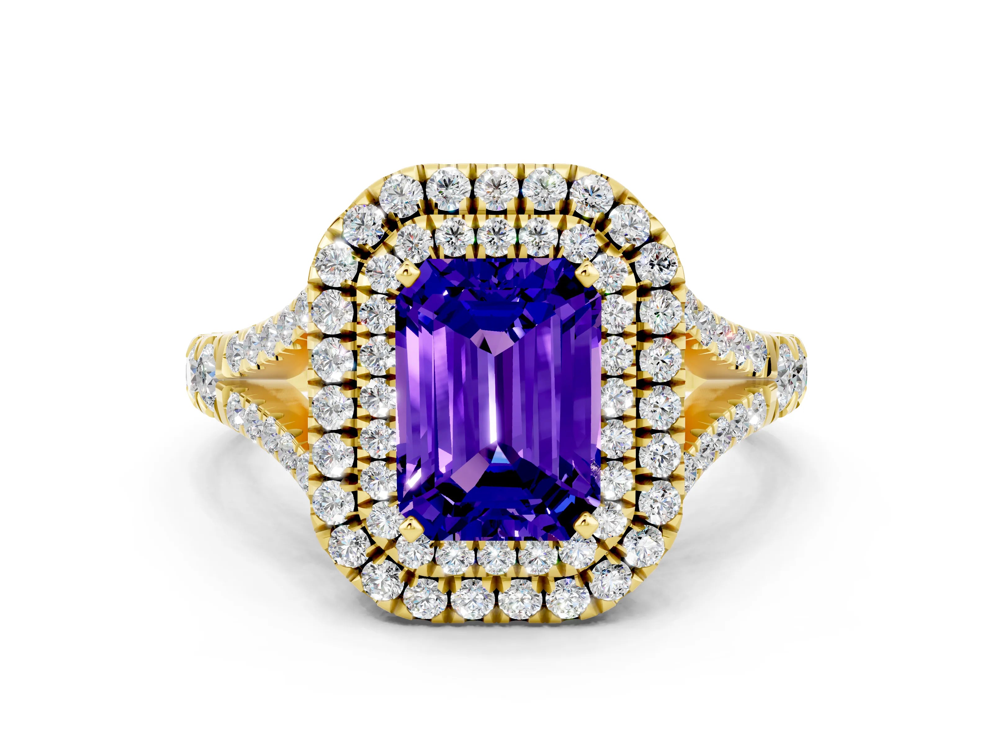 Yellow gold Emerald Cut Tanzanite Pavé Split Shank Double Halo Engagement Ring