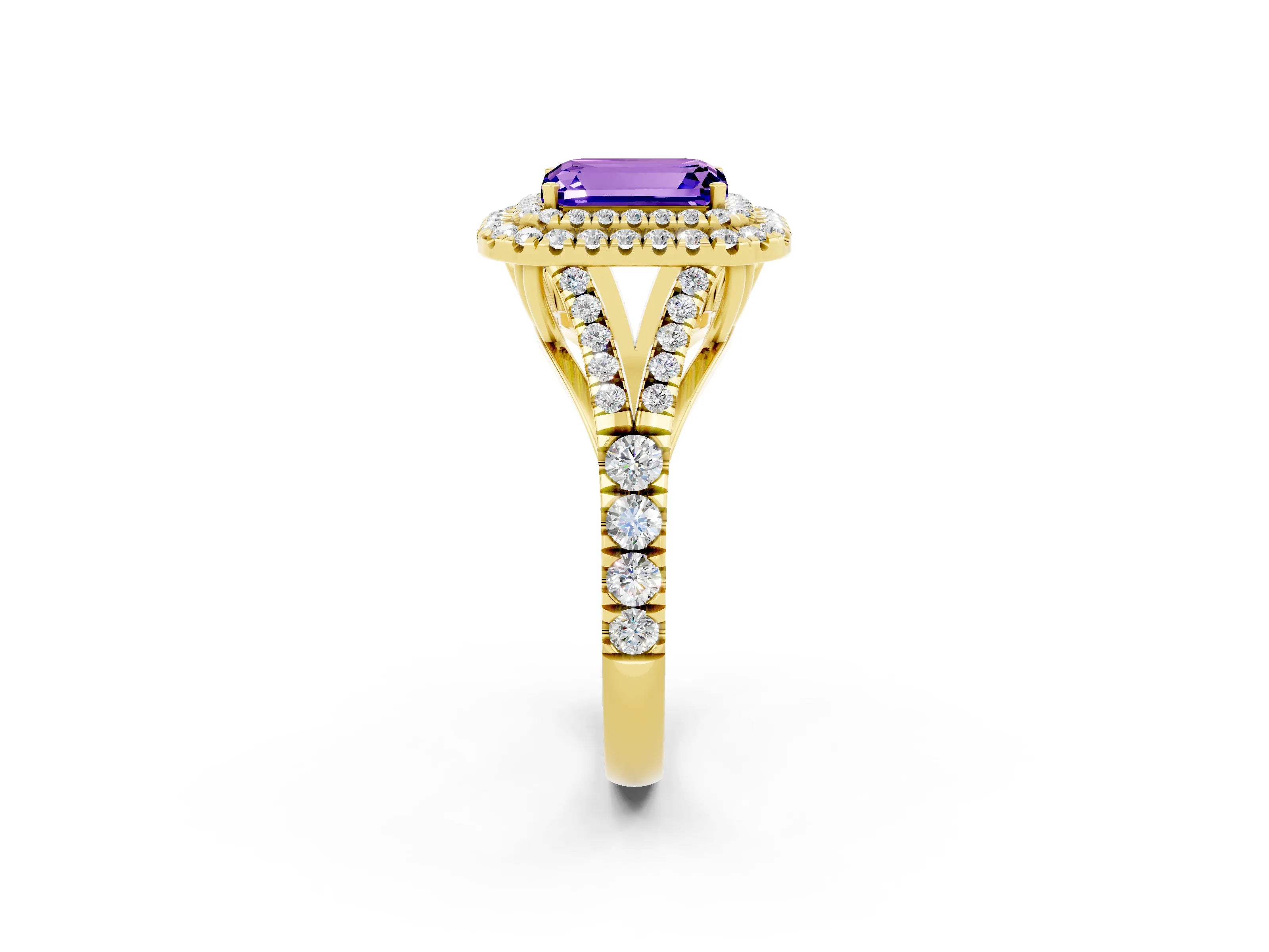Yellow gold Emerald Cut Tanzanite Pavé Split Shank Double Halo Engagement Ring_2