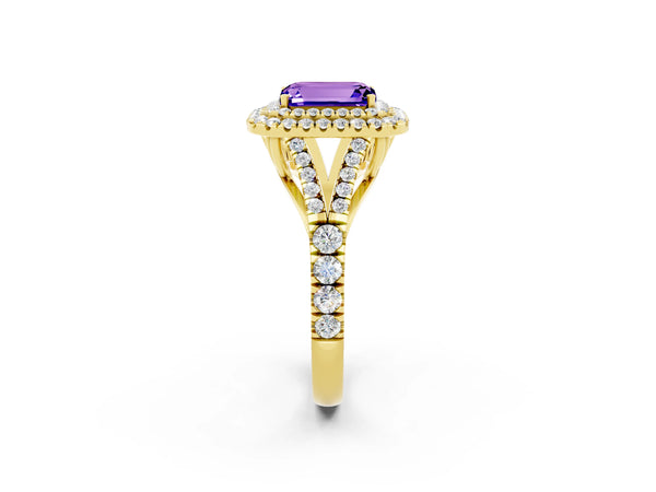 Yellow gold Emerald Cut Tanzanite Pavé Split Shank Double Halo Engagement Ring