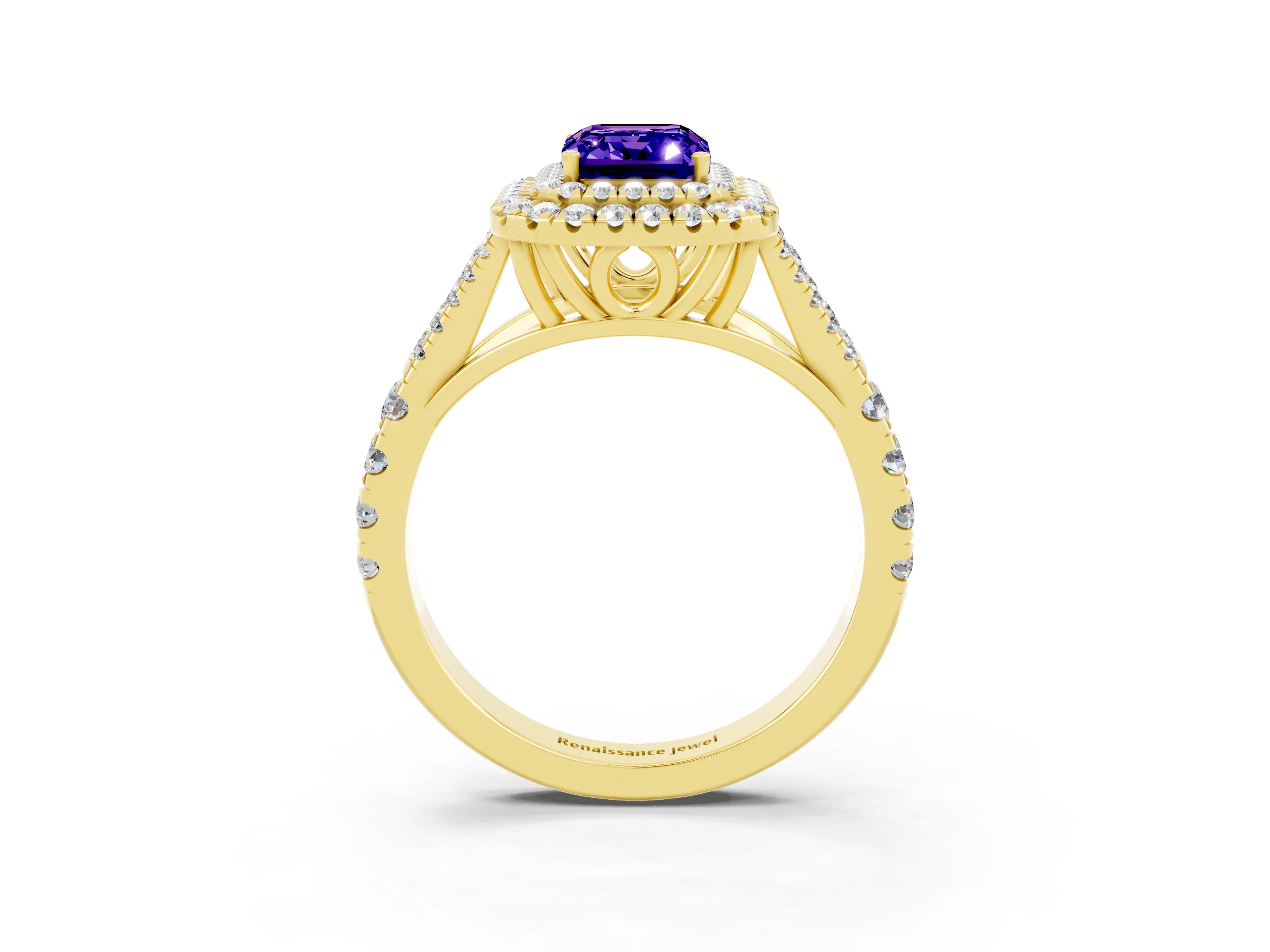 Yellow gold Emerald Cut Tanzanite Pavé Split Shank Double Halo Engagement Ring_3