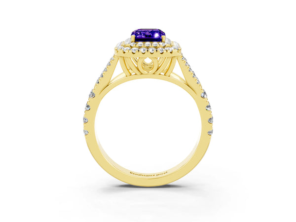 Yellow gold Emerald Cut Tanzanite Pavé Split Shank Double Halo Engagement Ring