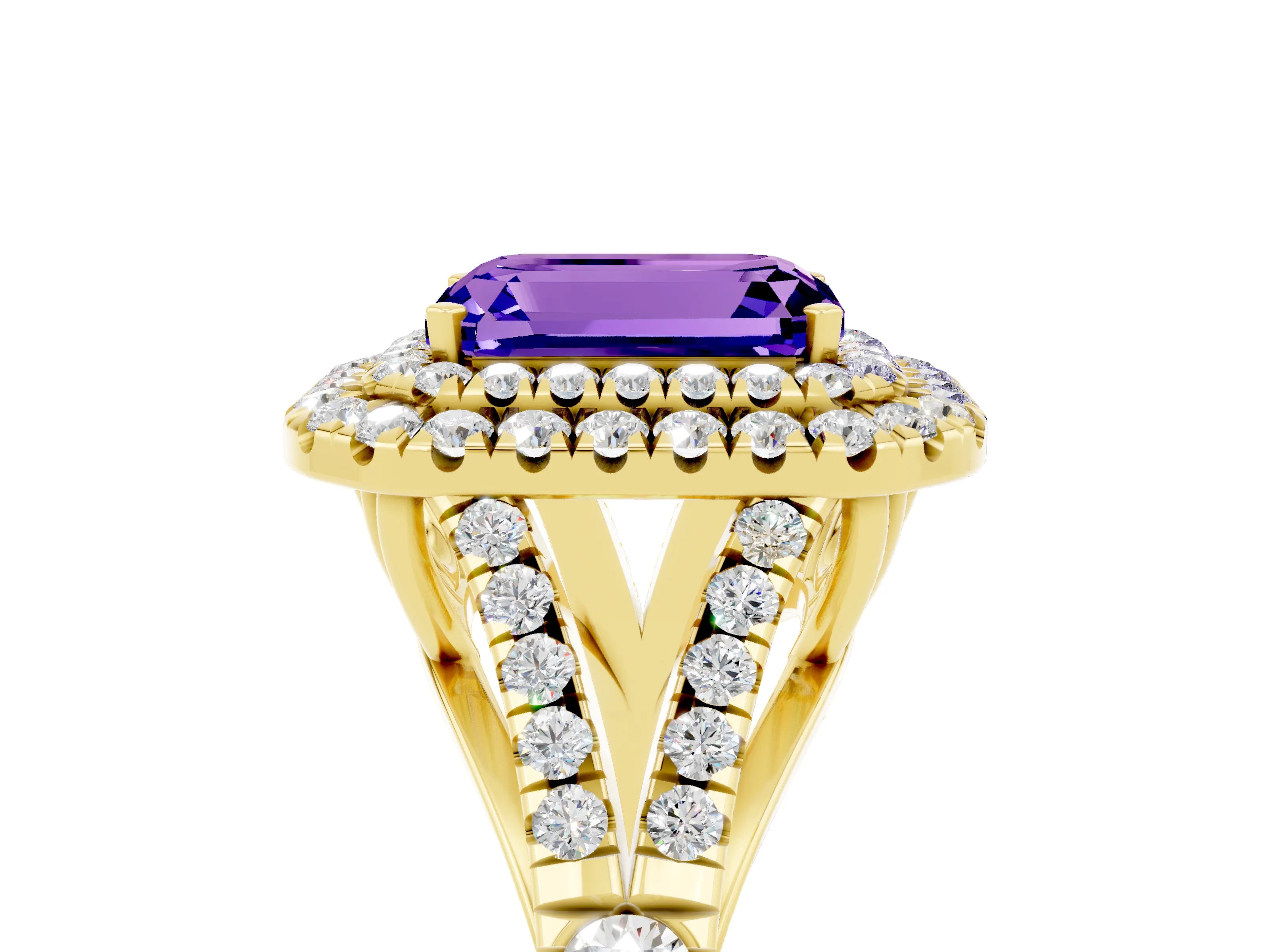 Yellow gold Emerald Cut Tanzanite Pavé Split Shank Double Halo Engagement Ring_5