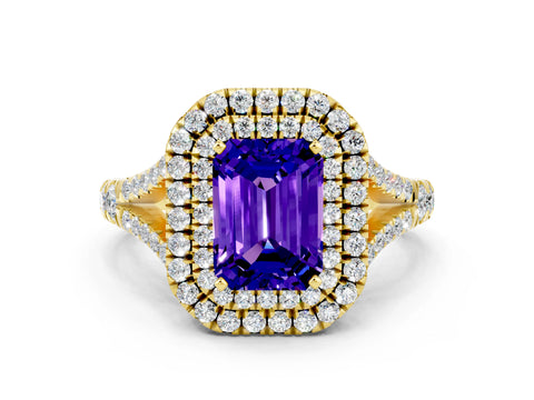 Yellow gold Emerald Cut Tanzanite Pavé Split Shank Double Halo Engagement Ring