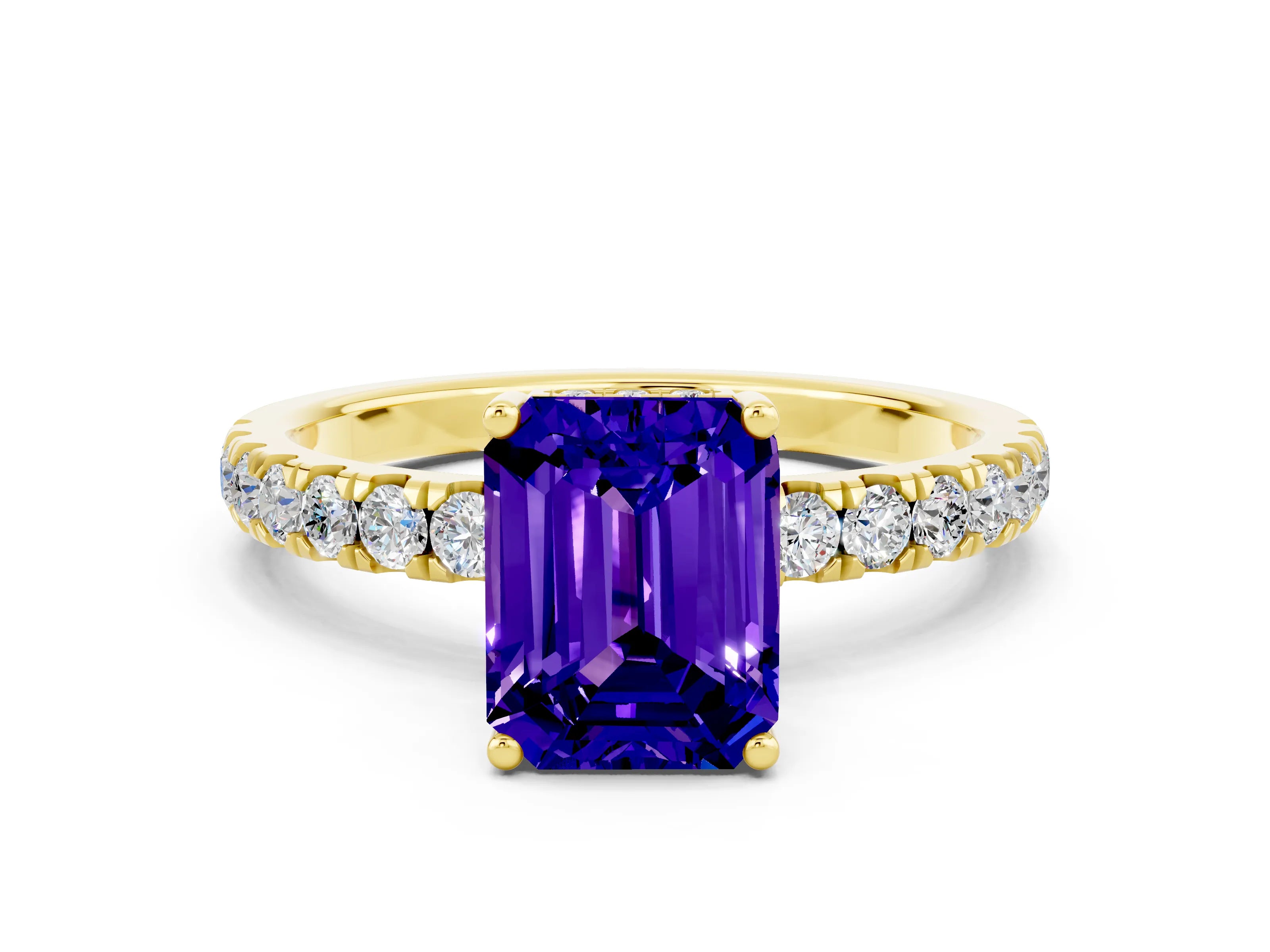 Yellow gold Emerald Cut Tanzanite Pave Band Solitaire Ring with Four-Prong Setting_24