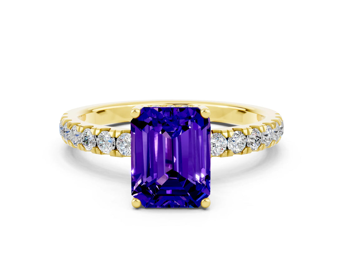 Yellow gold Emerald Cut Tanzanite Pave Band Solitaire Ring with Four-Prong Setting_24
