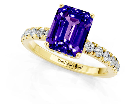 Yellow gold Emerald Cut Tanzanite Pave Band Solitaire Ring with Four-Prong Setting_25