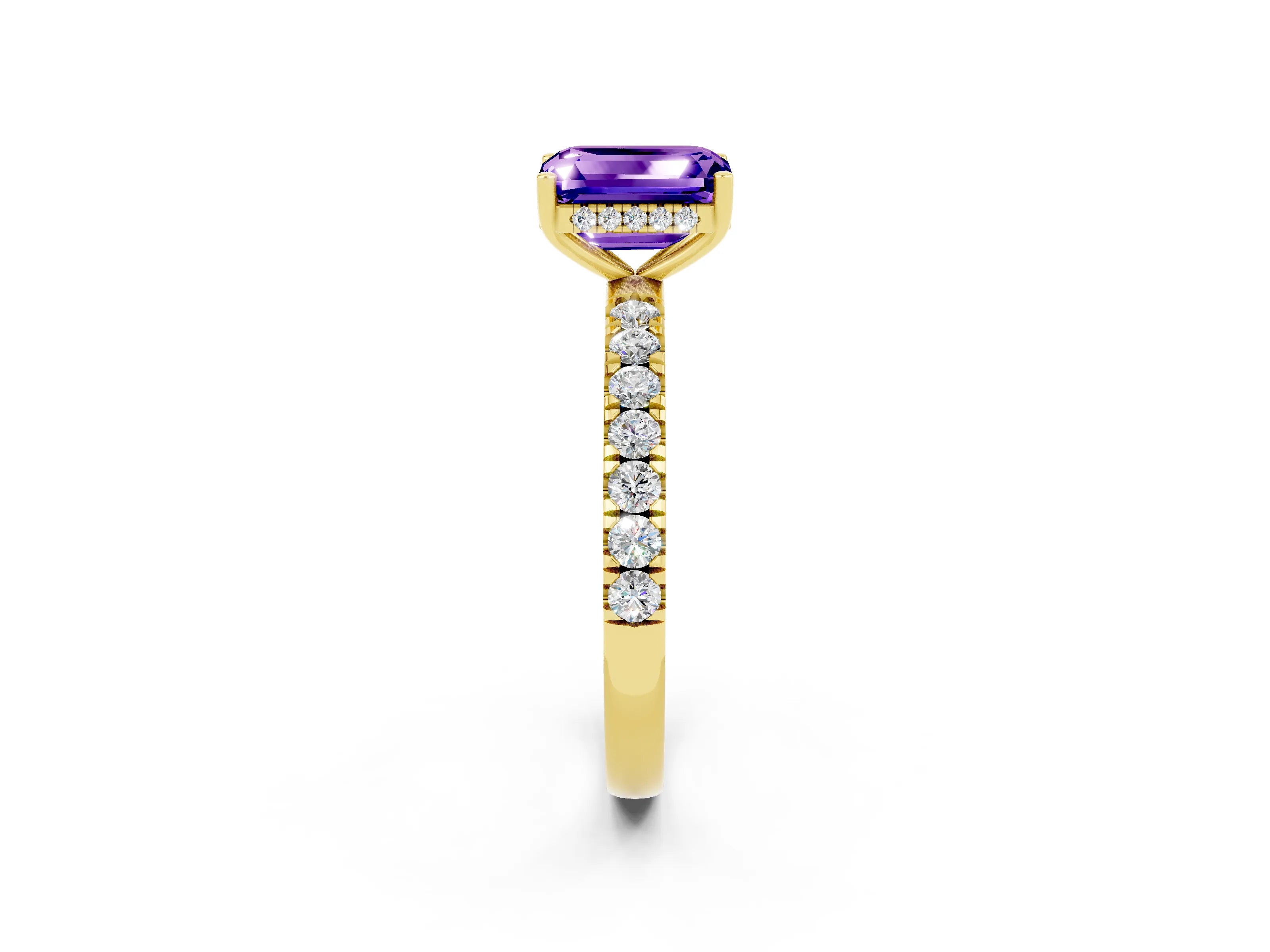 Yellow gold Emerald Cut Tanzanite Pave Band Solitaire Ring with Four-Prong Setting_26