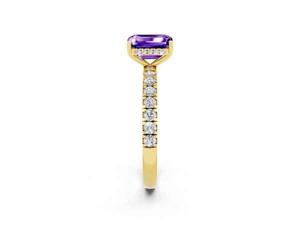 Yellow gold Emerald Cut Tanzanite Pave Band Solitaire Ring with Round  and Prong Setting