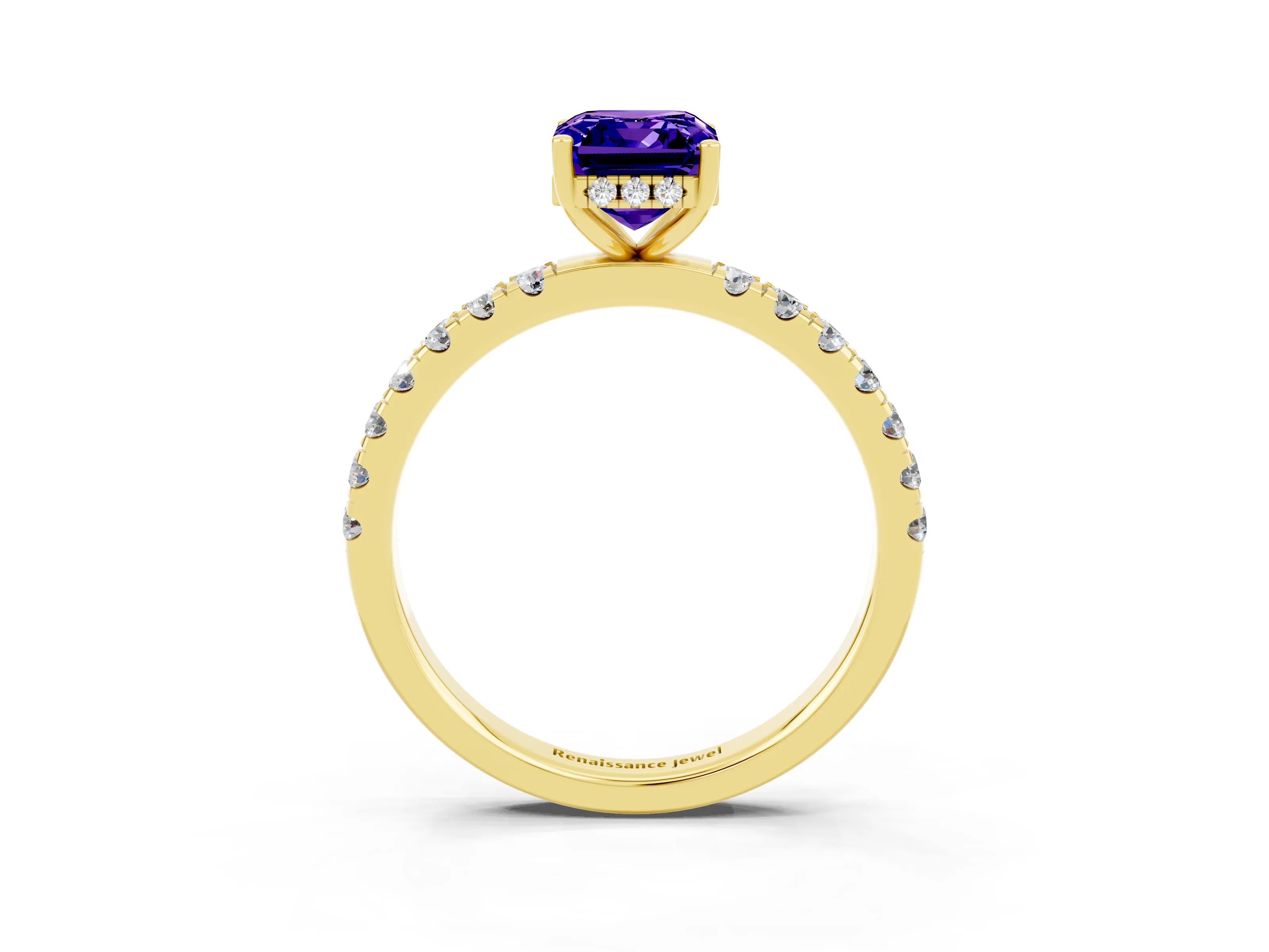 Yellow gold Emerald Cut Tanzanite Pave Band Solitaire Ring with Four-Prong Setting_27