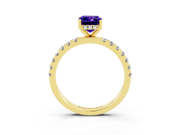 Yellow gold Emerald Cut Tanzanite Pave Band Solitaire Ring with Round  and Prong Setting