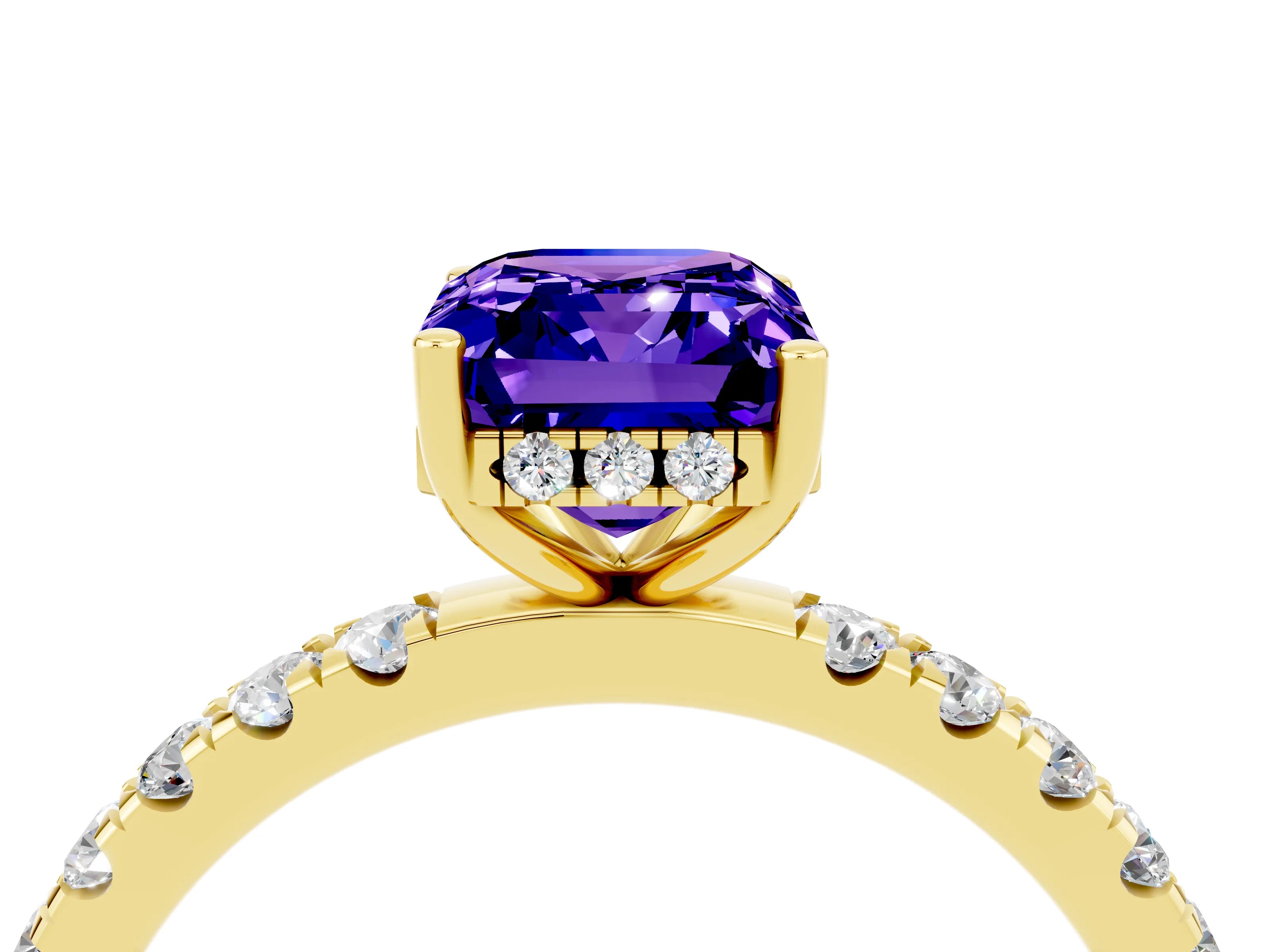 Yellow gold Emerald Cut Tanzanite Pave Band Solitaire Ring with Four-Prong Setting_28