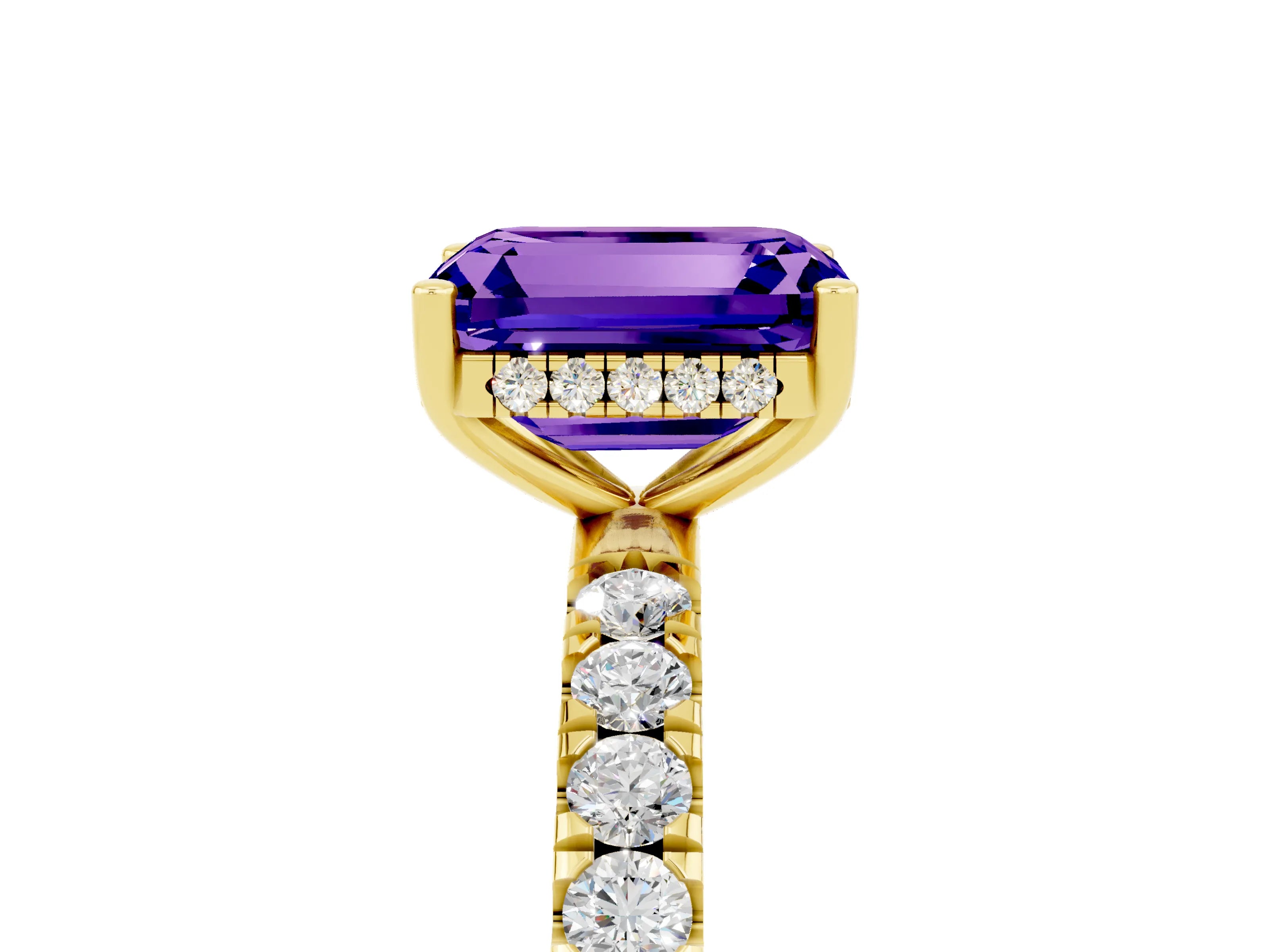 Yellow gold Emerald Cut Tanzanite Pave Band Solitaire Ring with Four-Prong Setting_29