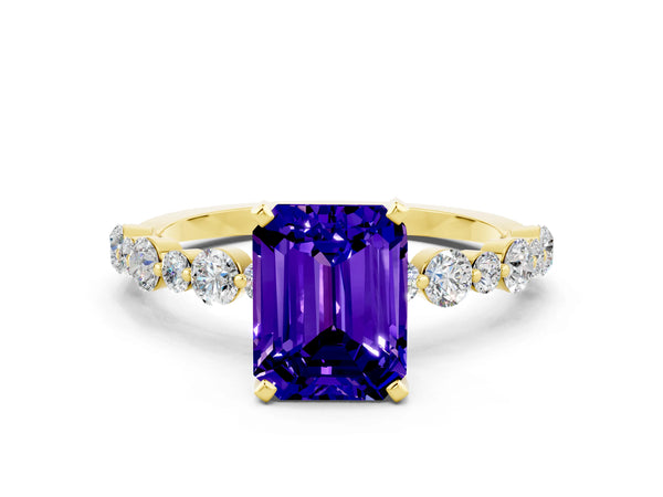 Yellow gold Emerald Cut Tanzanite Prong Set Engagement Ring with Pavé Band