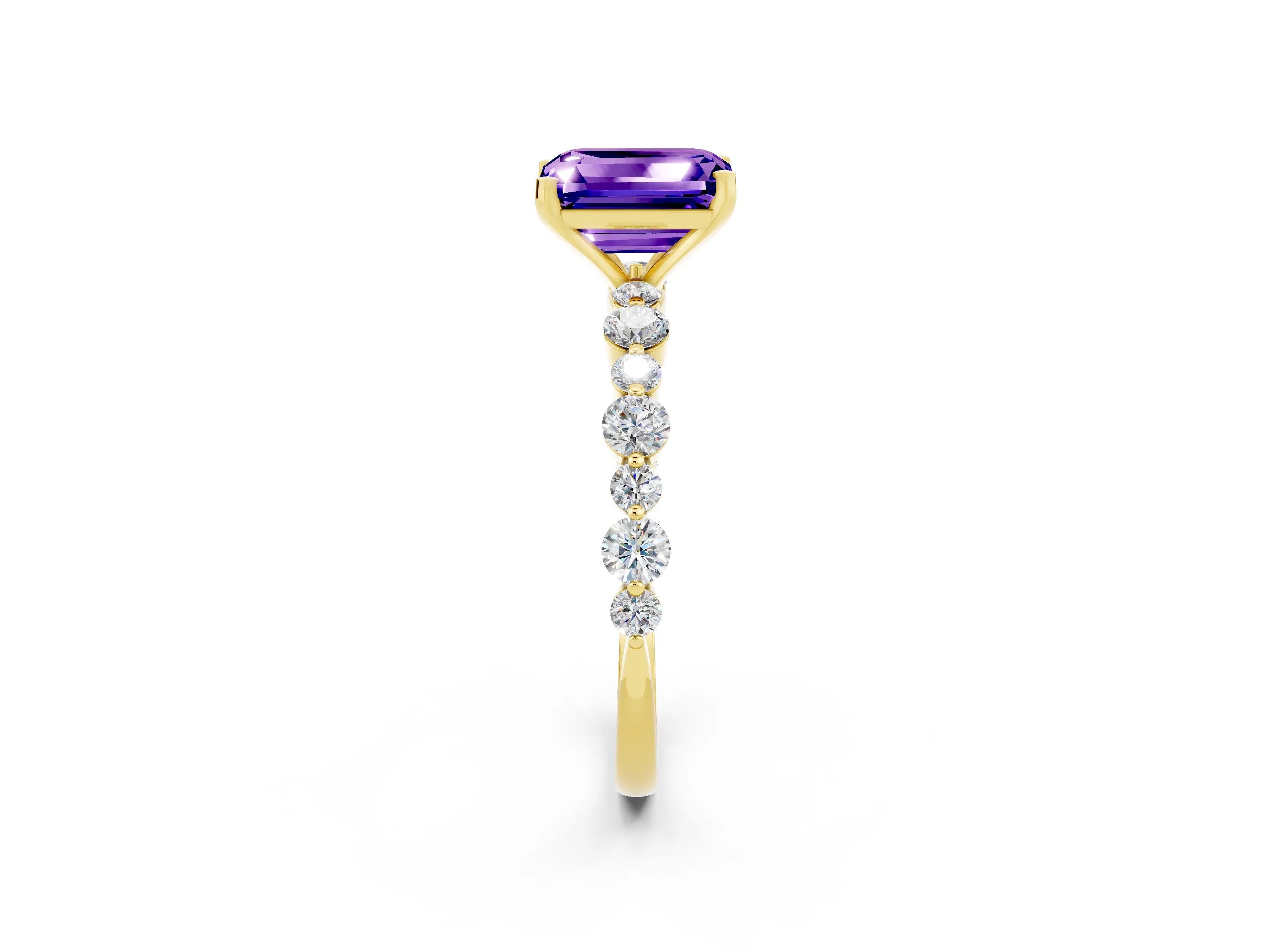Yellow gold Emerald Cut Tanzanite Prong Set Engagement Ring with Pavé Band_2
