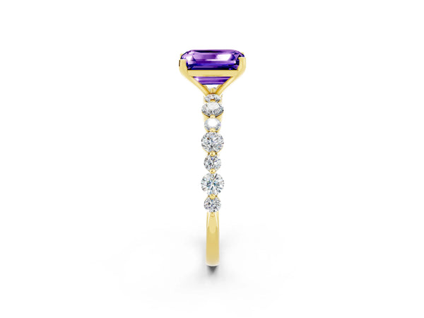 Yellow gold Emerald Cut Tanzanite Prong Set Engagement Ring with Pavé Band