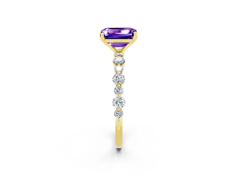 Yellow gold Emerald Cut Tanzanite Prong Set Engagement Ring with Pavé Band_2