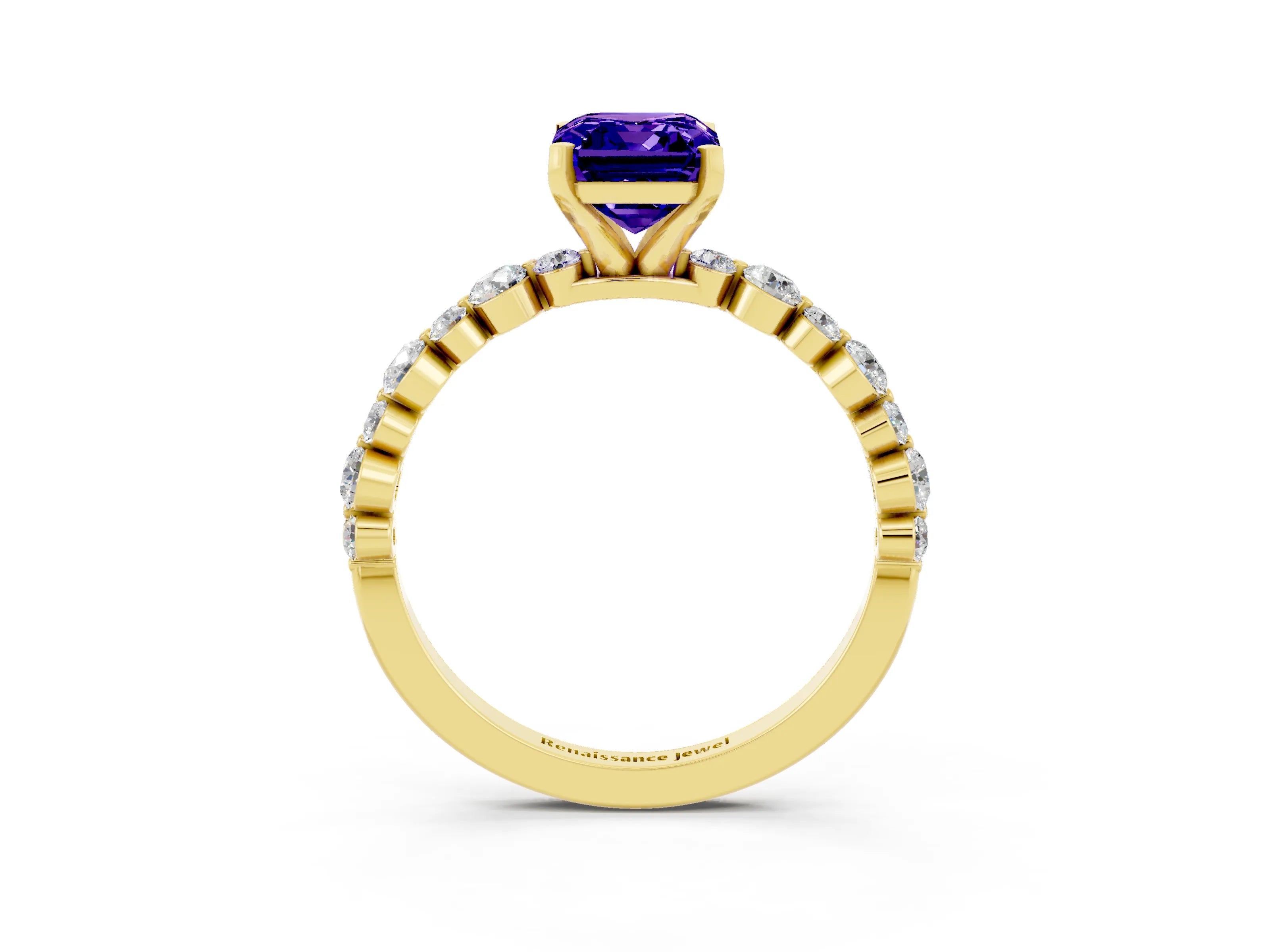 Yellow gold Emerald Cut Tanzanite Prong Set Engagement Ring with Pavé Band_3