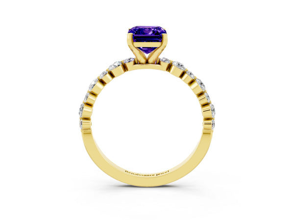 Yellow gold Emerald Cut Tanzanite Prong Set Engagement Ring with Pavé Band