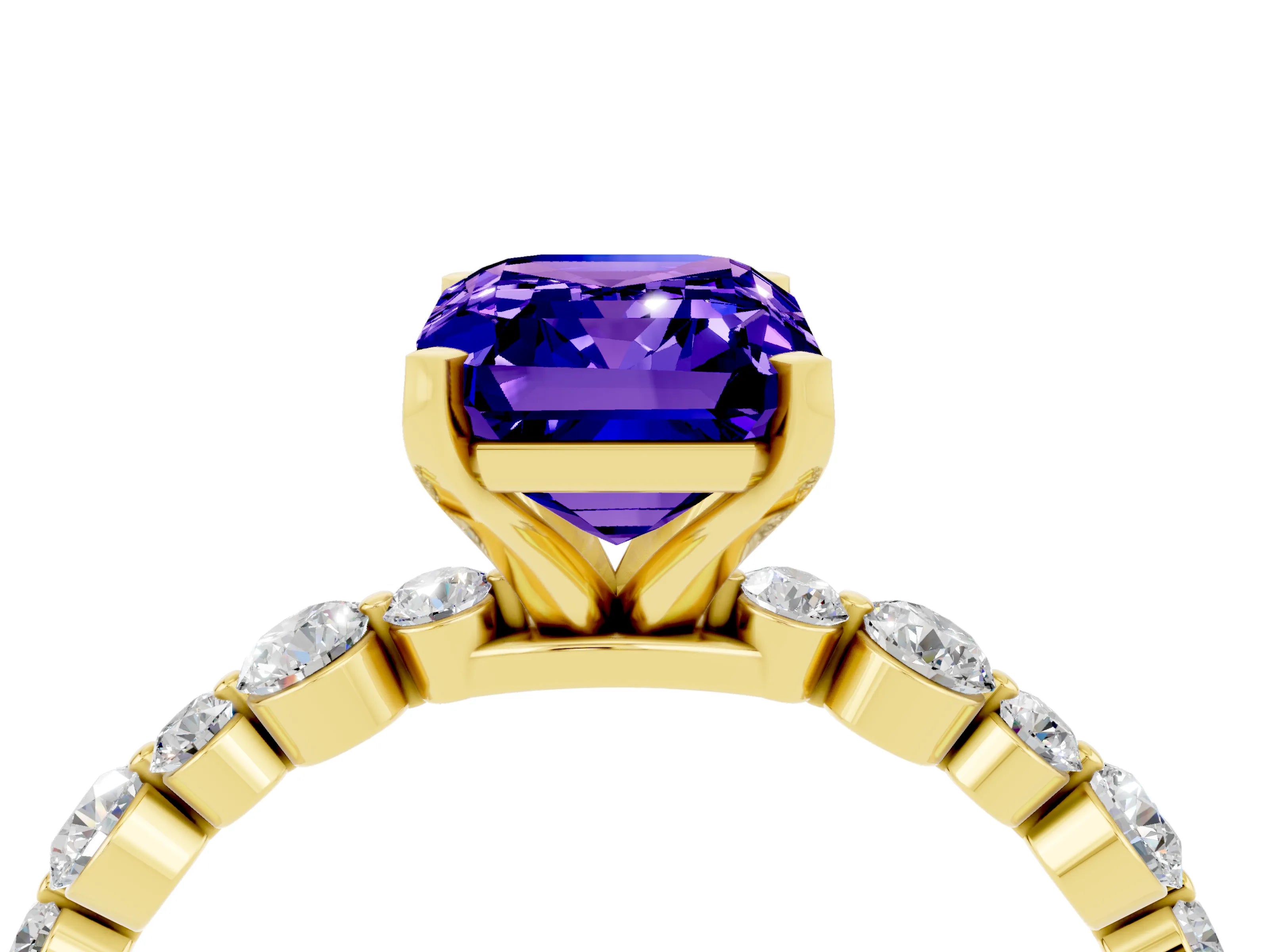 Yellow gold Emerald Cut Tanzanite Prong Set Engagement Ring with Pavé Band_4