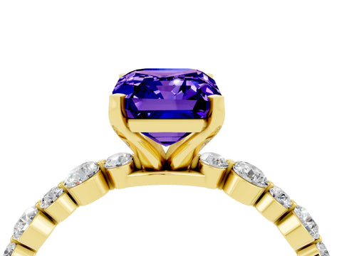 Yellow gold Emerald Cut Tanzanite Prong Set Engagement Ring with Pavé Band_4