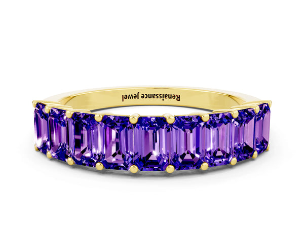Yellow gold Emerald Cut Tanzanite Prong-Set Eternity Band