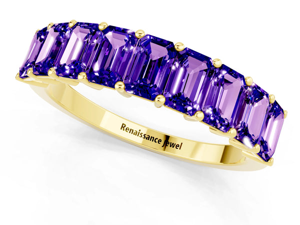 Yellow gold Emerald Cut Tanzanite Prong-Set Eternity Band