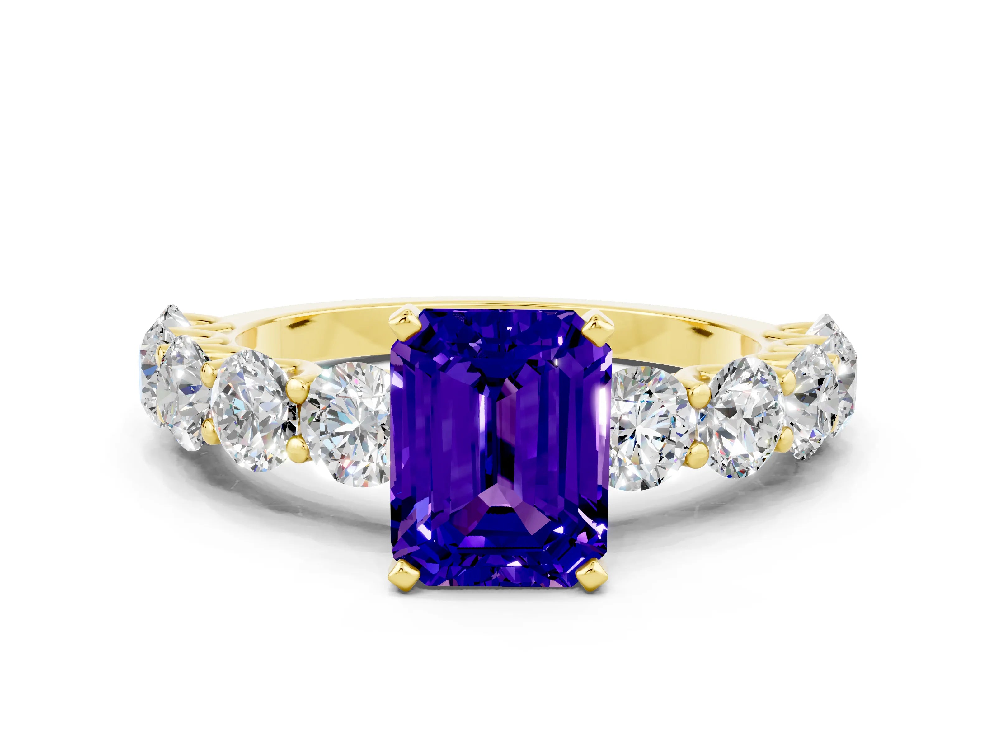 Yellow gold Emerald Cut Tanzanite Prong Setting with Side Stones on a Pave Band
