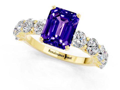 Yellow gold Emerald Cut Tanzanite Prong Setting with Side Stones on a Pave Band_1