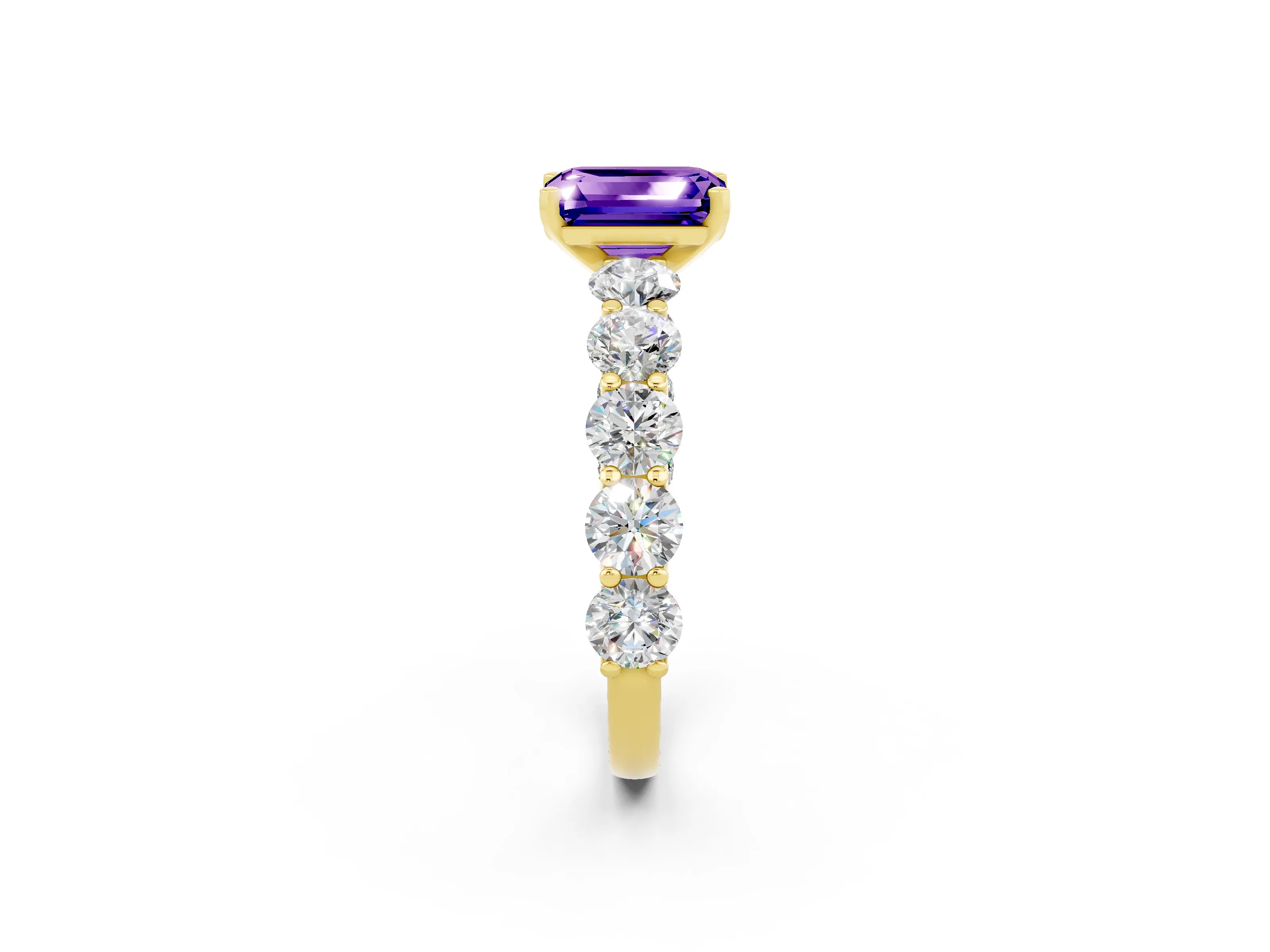 Yellow gold Emerald Cut Tanzanite Prong Setting with Side Stones on a Pave Band_2